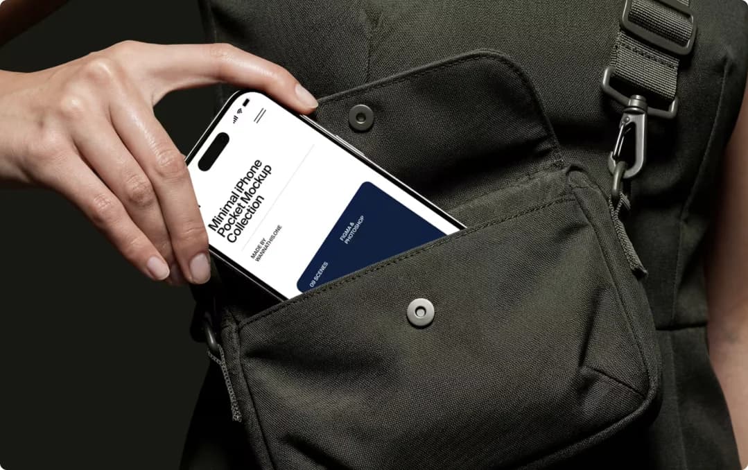 Hand steckt ein Smartphone mit Shop-Ansicht in eine Umhängetasche